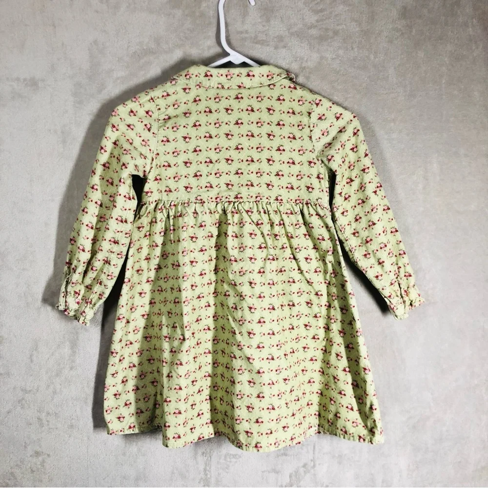 Vintage Style Floral Corduroy Dress Kids‎ 7 Green Pink Ruffles Prairie Cottage